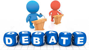 The word debate in blocks in front of two people debating